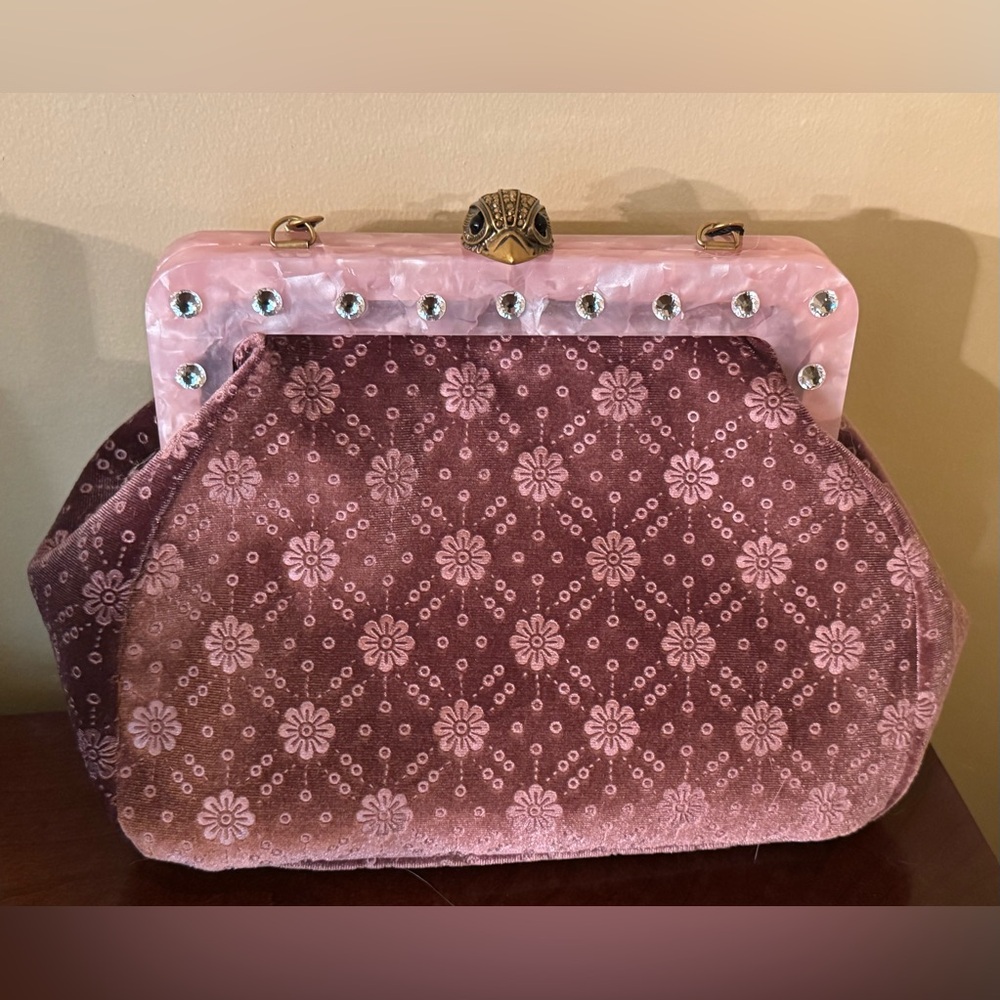 Kurt Geiger London Pink Velvet Frame Purse Clutch Vintage Floral Lace Crossbody